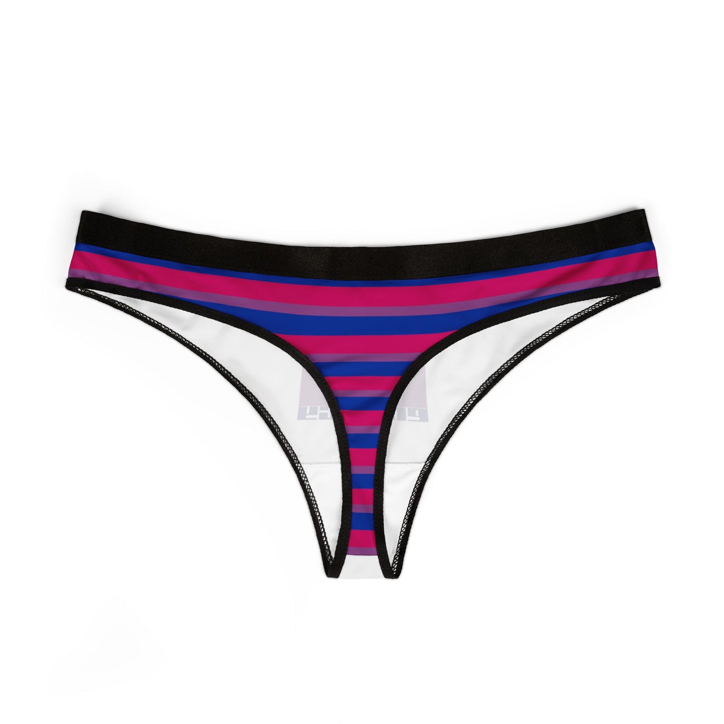 A pair of the BIG BI ENERGY g-string thong from Printify, made with breathable antimicrobial fabric featuring white material and black trim. The front showcases a bold, multicolored design that reads "BIG BI ENERGY" in uppercase letters, with "BIG" in pink and "ENERGY" in blue, incorporating the bisexual pride flag colors.