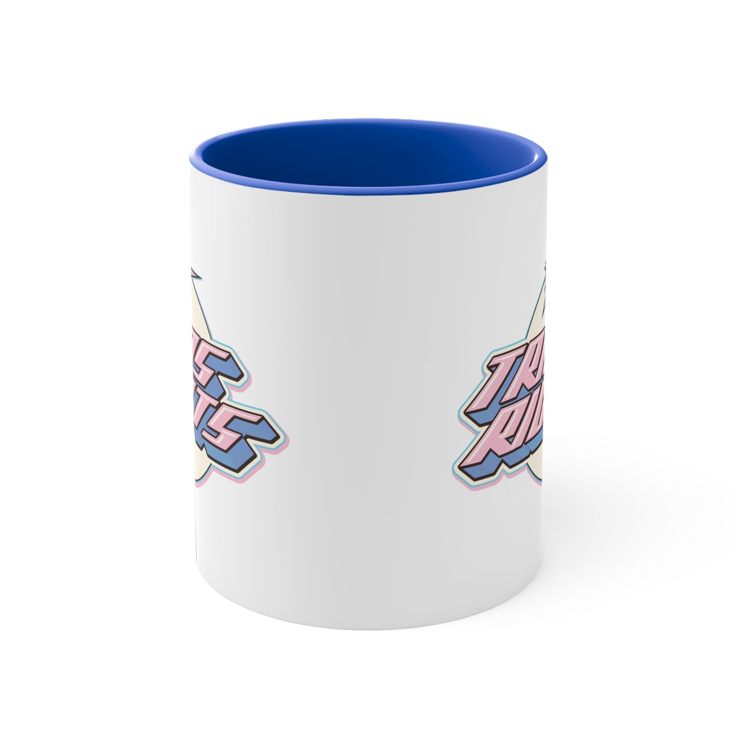 The Trans Rights colorful accent mug by Printify showcases a white coffee mug with a pink handle and vibrant interior, featuring the bold, retro-style text "TRANS RIGHTS" against a circular, off-white background. Above the text is a stylized star with dynamic lines that reflect the colors of the transgender pride flag, creating an energetic sense of movement.