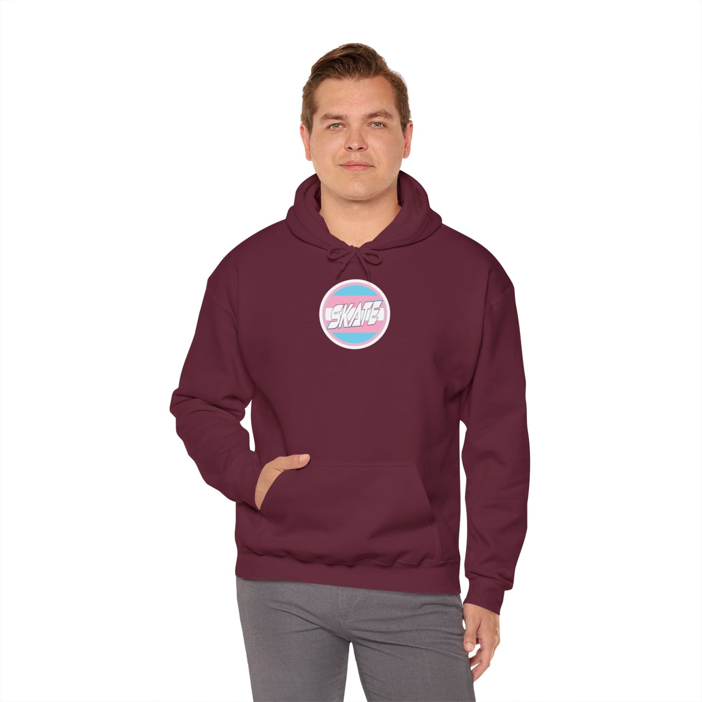 Add Custom Name - SKATE Trans Flag round logo Hoodie - Australian Shipping