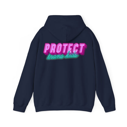 The "Protect Trans Kids Hoodie - Australian Shipping" is a navy unisex hoodie made from ethically grown cotton, featuring a neon-style back design with "Protect Trans Kids" in bold pink and blue lettering.