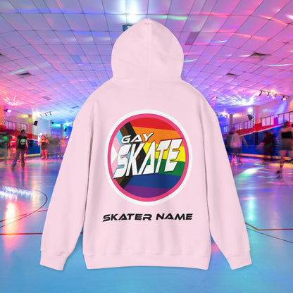 Gay Skate progress pride rainbow flag original logo on street wear hoodie. Back of hoodie with customised skater name added.