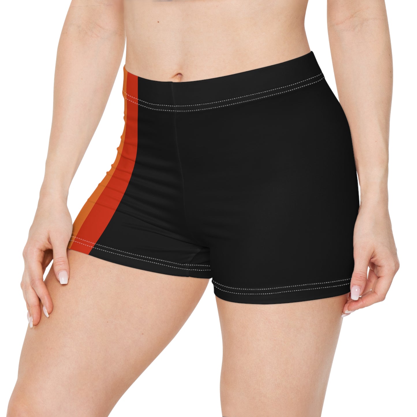 A person wearing the custom "Lesbian Pride Flag Short Shorts" by Printify, featuring a high-waisted design with dark orange, light orange, white, pink, and purple stripes from the lesbian pride flag. The individual is shown from the side against a plain white background, highlighting the polyester spandex blend fabric.