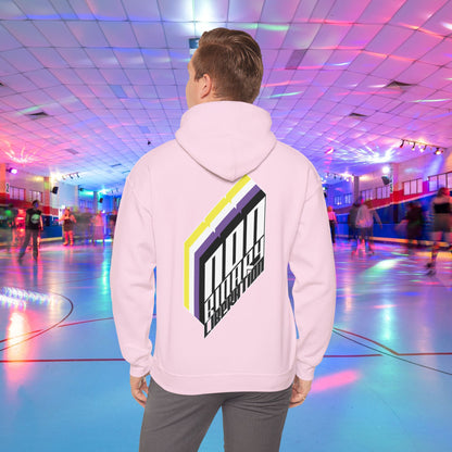 A person wearing the Non-Binary Liberation Hoodie - Australian Shipping by Printify, showcasing a vibrant geometric design on the back in nonbinary pride flag colours, stands in the middle of a roller skating rink. The rink is bathed in vibrant lights of various colors, with several people skating in the background.