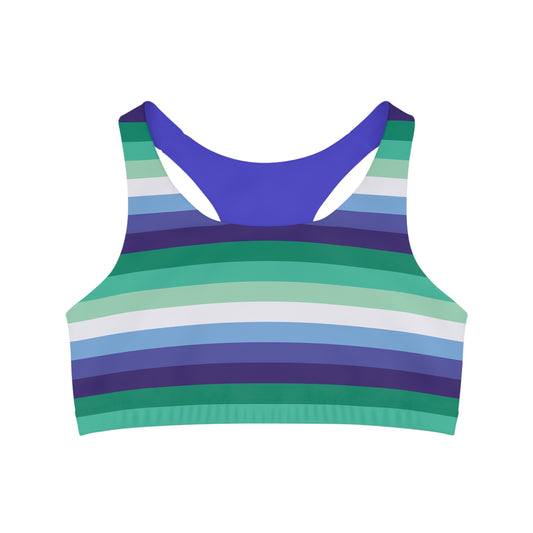 Introducing the Gay Men Pride Flag seamless sports crop from Printify, a sporty top designed with horizontal stripes in shades of green, blue, and purple. This moisture-wicking active wear features a racerback design and is crafted from stretchy, comfortable material.