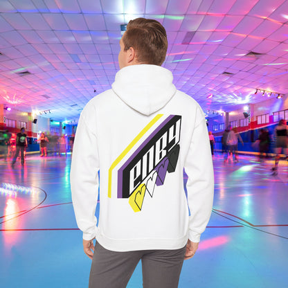 A person wearing the high-quality Printify ENBY Heart Hoodie, a unisex heavy blend hooded sweatshirt, with its colorful geometric nonbinary flag designs on the back, stands in a retro-style roller skating rink. The background features neon lights, blurred skaters, and a vibrant atmosphere.