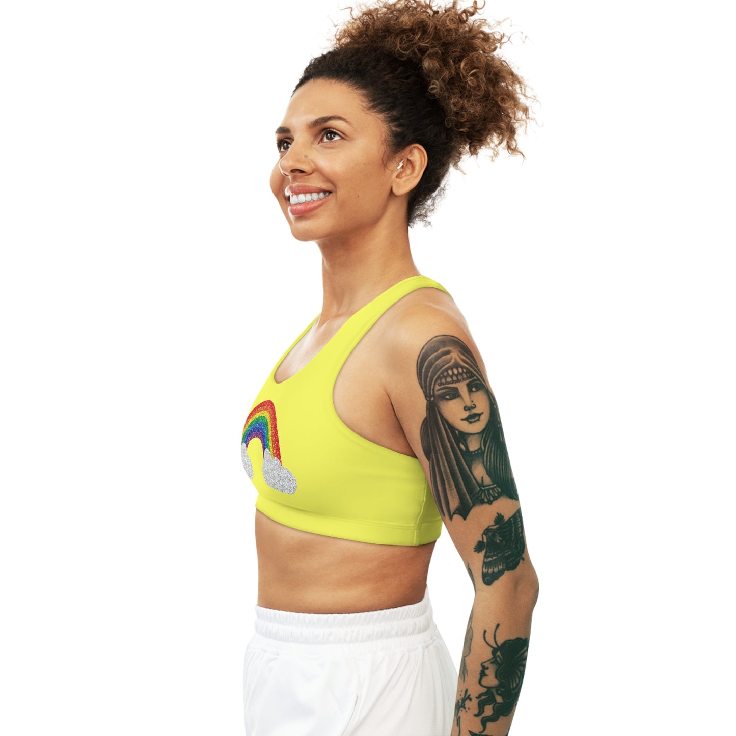 Glitter Rainbow Subtle Pride yellow seamless sports crop. LGBTIQAP+ active wear