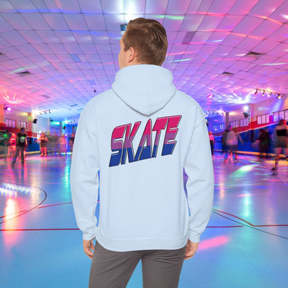 A person in a SKATE Bisexual Pride Hoodie from Printify, with bold and colorful "SKATE" lettering on the back, stands in a brightly lit roller skating rink. The background features skaters gliding on a shiny floor under a ceiling with vibrant, multicolored lights. This unisex heavy blend hooded sweatshirt showcases original designs and is available for Australian shipping.