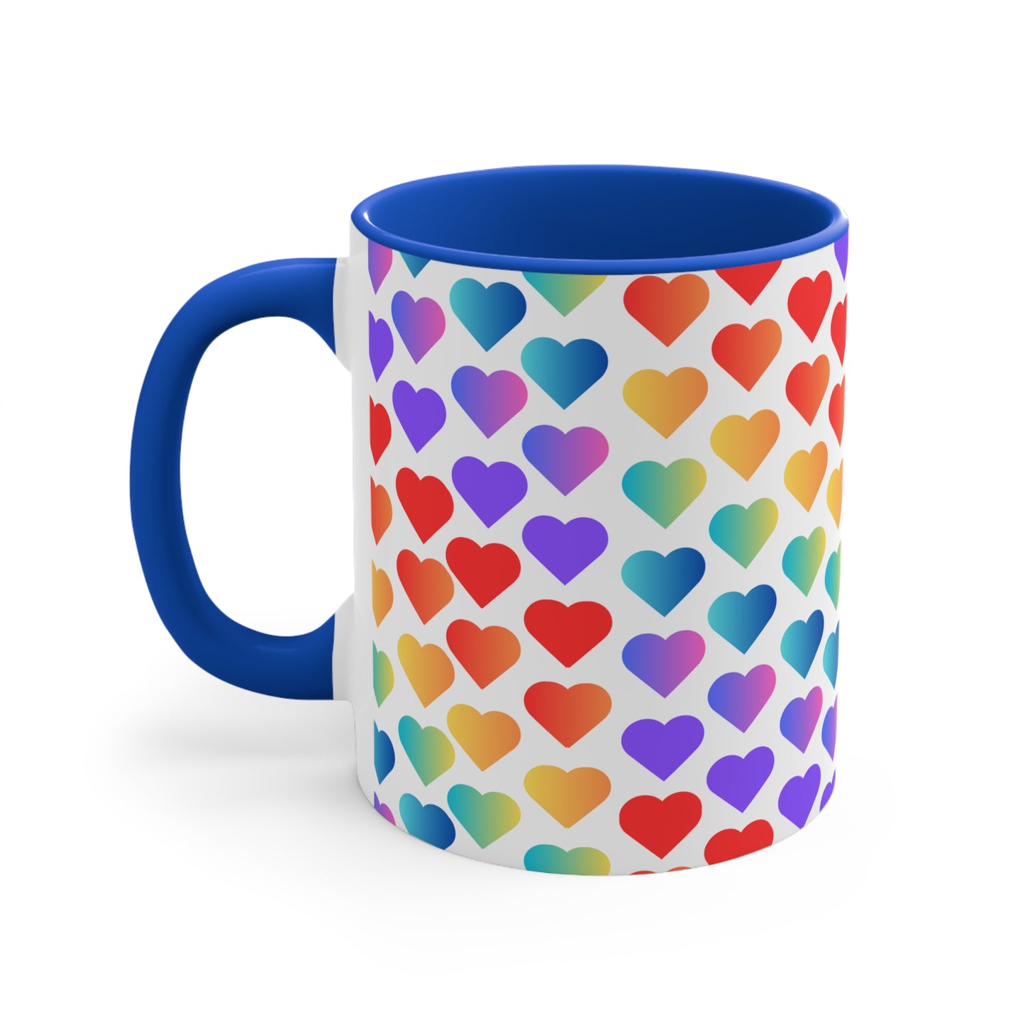 The Rainbow Pride Love Hearts Colorful Accent Mug by Printify is a white mug with a red handle and a colorful interior, adorned with a vibrant pattern of gradient hearts. The hearts transition through various colors, creating an eye-catching color contrast against the white background.