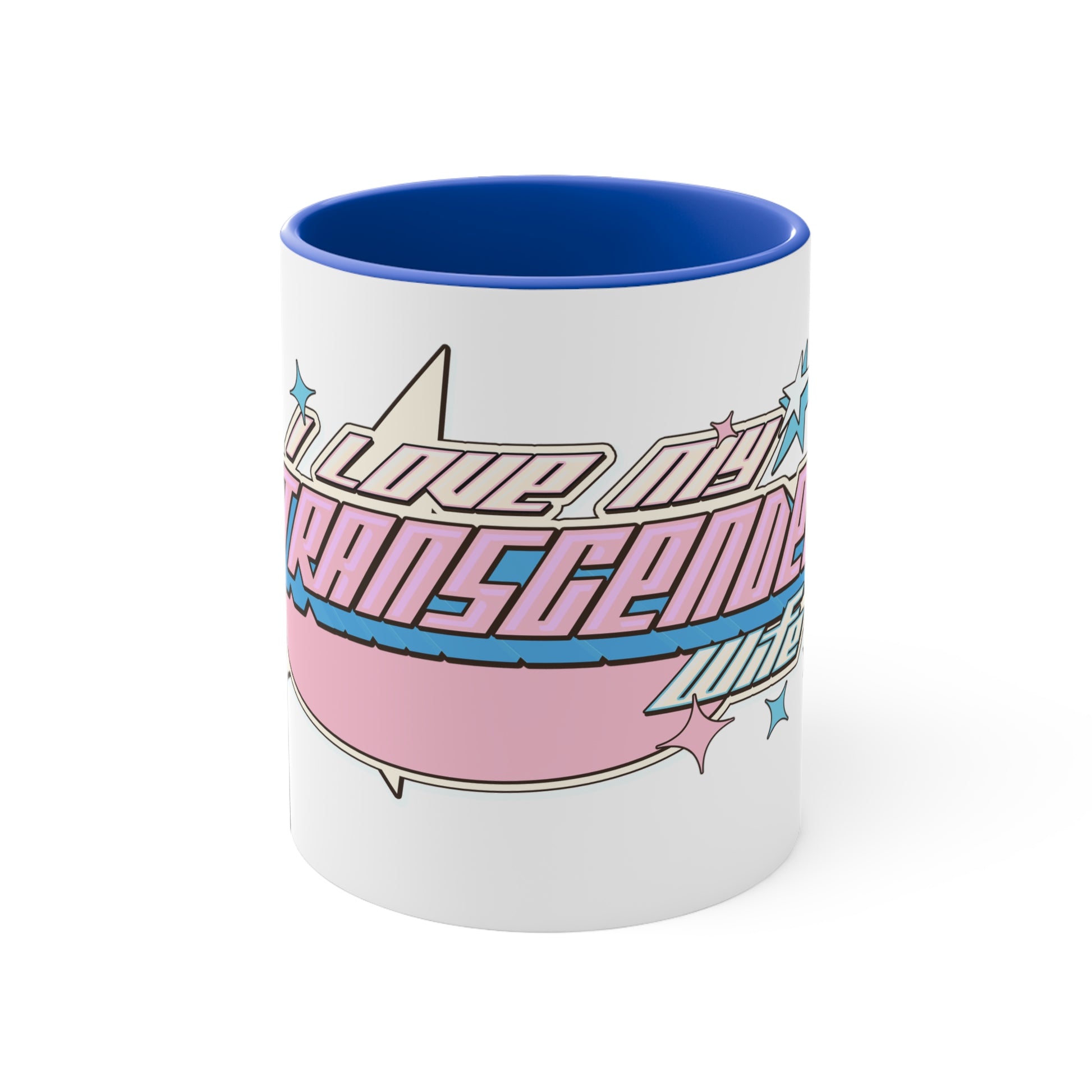 The Printify "I Love My Transgender Wife" original design accent mug is a white ceramic mug with a pink interior, showcasing a retro-styled design of pink, blue, and white stripes. The text on the mug reads "I LOVE MY TRANSGENDER LIFE" surrounded by colorful stars.