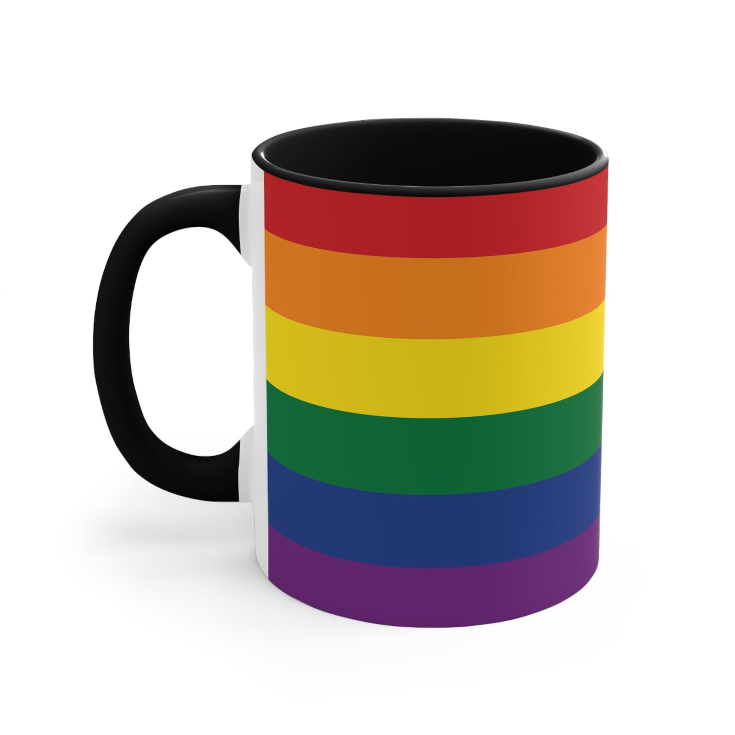 The Rainbow Pride Flag Colorful Accent Mug by Printify is a white ceramic mug featuring a red handle and interior. The exterior showcases horizontal stripes in the vibrant colors of the LGBTQ+ pride flag—red, orange, yellow, green, blue, and purple—offering a striking color contrast.