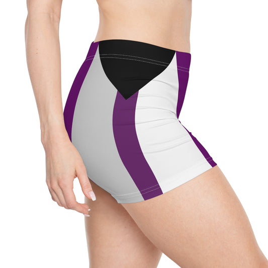 A person wearing Demisexual Pride Flag gradient Booty Short hot pants, featuring the demi prideflag pattern of black, gray, purple, and white. The individual is shown from the side with their left hand resting on their hip. These high-waisted shorts are crafted from moisture-wicking fabric for ultimate comfort. Perfect demi sexuals and asexuals for the gym, festivals and roller derby skating.