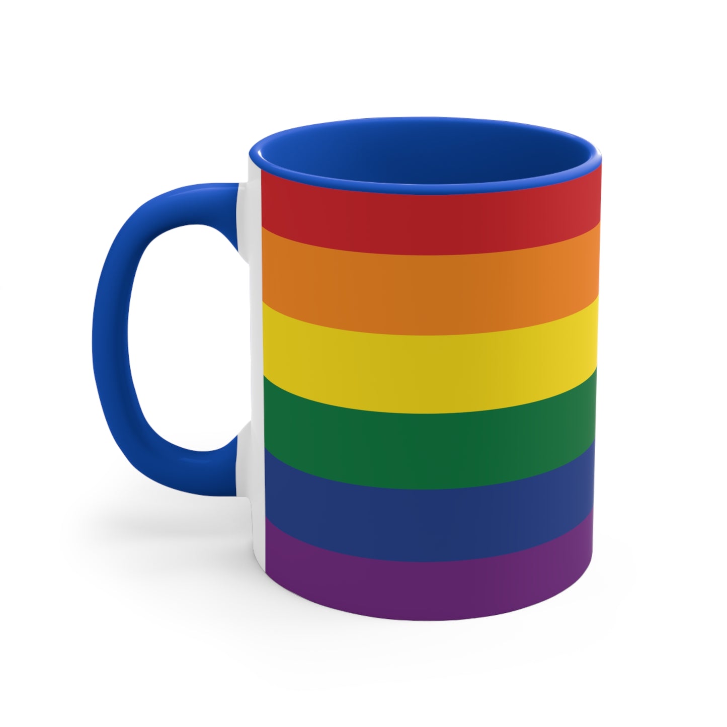 The Rainbow Pride Flag Colorful Accent Mug by Printify is a white ceramic mug featuring a red handle and interior. The exterior showcases horizontal stripes in the vibrant colors of the LGBTQ+ pride flag—red, orange, yellow, green, blue, and purple—offering a striking color contrast.