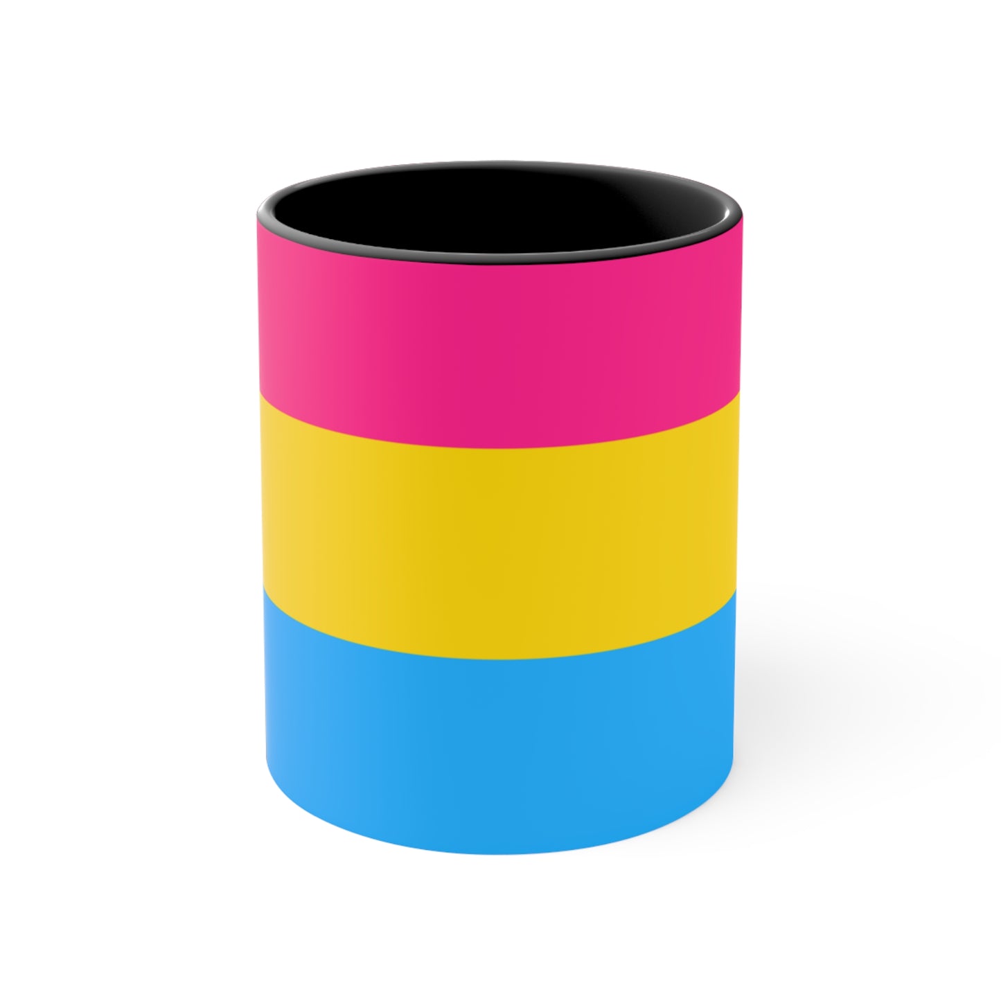 The Pansexual Pride Flag colourful accent mug from Printify features a ceramic design with a pink handle and colorful interior that showcases the colors of the pan pride flag: pink on top, yellow in the middle, and blue on the bottom.