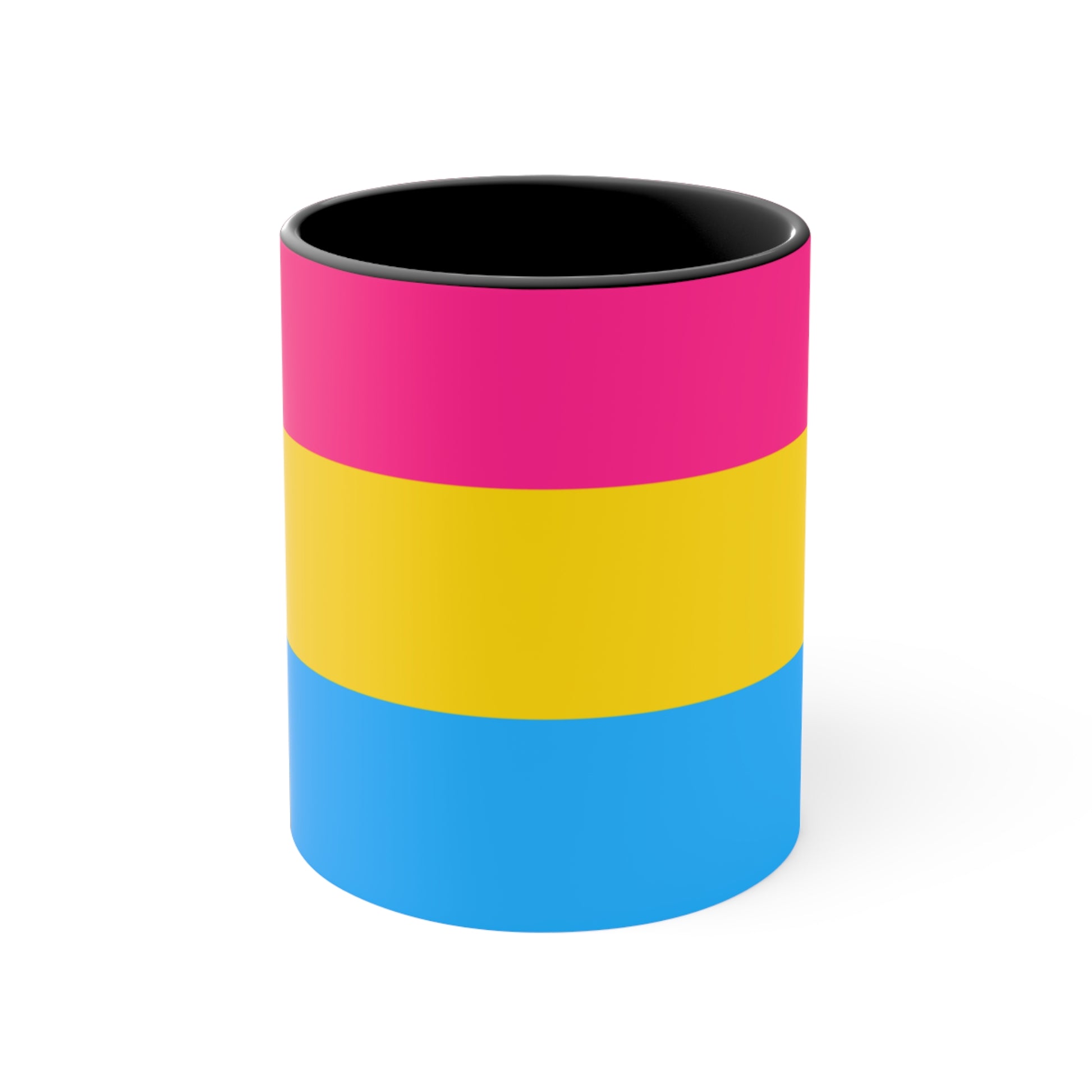 The Pansexual Pride Flag colourful accent mug from Printify features a ceramic design with a pink handle and colorful interior that showcases the colors of the pan pride flag: pink on top, yellow in the middle, and blue on the bottom.