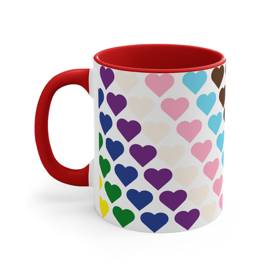 Introducing the Progress Pride Flag Love Hearts - Colourful Accent Mug by Printify: a ceramic mug featuring a vibrant red handle and a lively interior, adorned with diagonally arranged rows of hearts in shades of purple, blue, pink, green, and yellow. The hearts are evenly spaced across the surface, creating a charming and festive design.