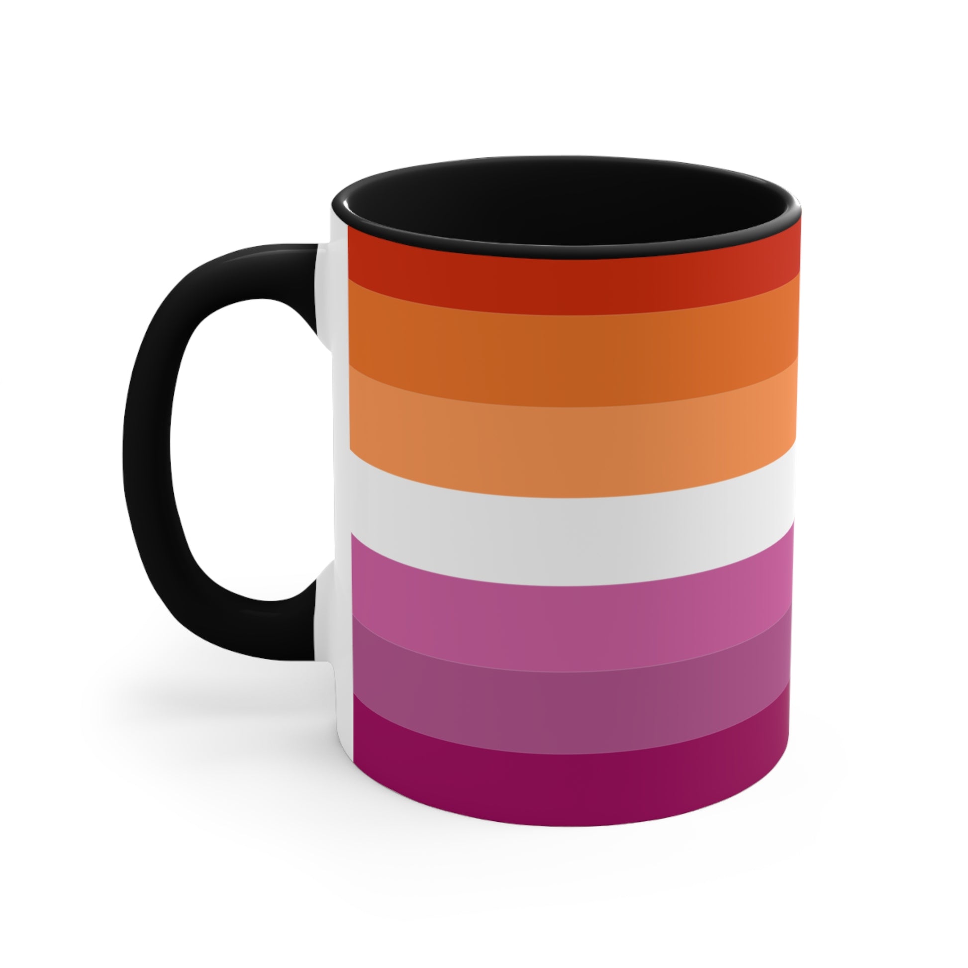 The Lesbian pride flag colorful accent mug by Printify features a vibrant design with horizontal stripes in varying shades of orange, pink, and purple. It has a red handle and colorful interior that create an eye-catching contrast against the plain white background.