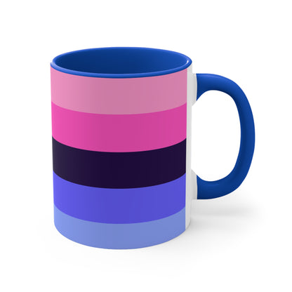 The Omnisexual Pride Flag - love hearts - colourful accent mug from Printify boasts an eye-catching design with a blue handle and inner surface, adorned with horizontal stripes in various shades of pink, purple, and blue.