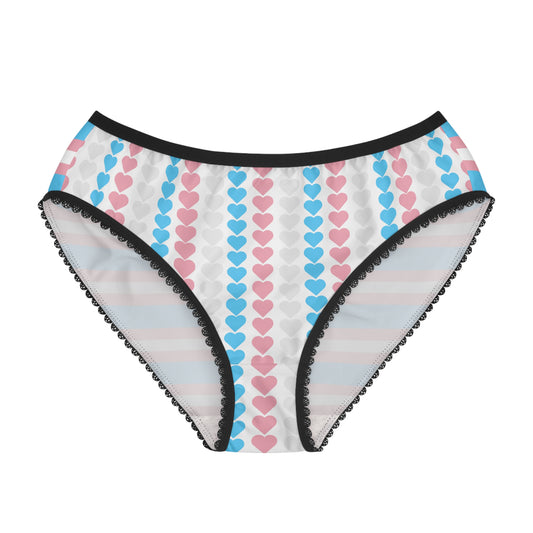 Introducing the Trans Pride Briefs - original design by Gay Skate: A pair of unisex lightweight briefs adorned with vertical rows of love hearts in blue, pink, and white on a, subtly reflecting the trans flag. This stylish underwear is completed with a black waistband and black lace trim around the leg openings. The butt is covered in repeating transgender pride flag stripes.