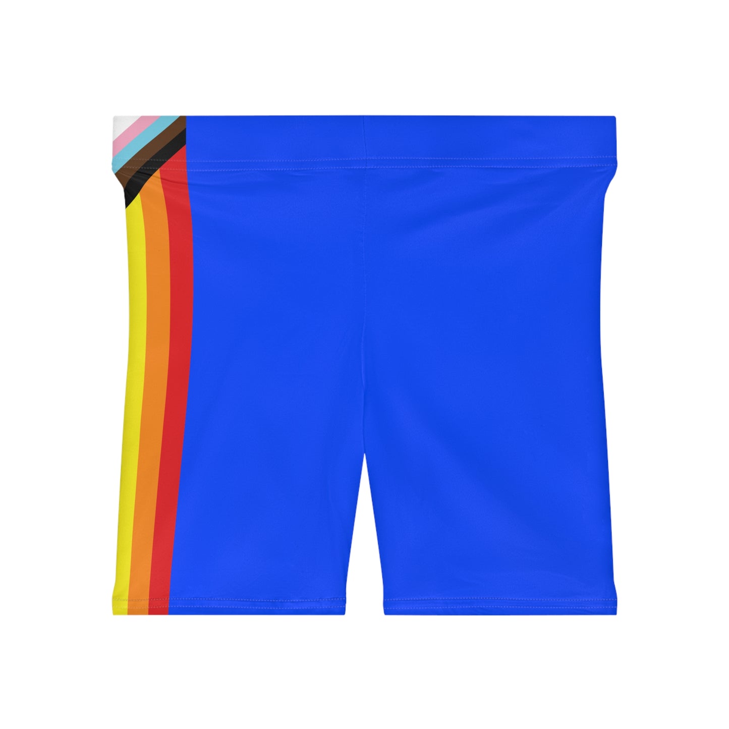 The image showcases a person from the side wearing Printify's Progress Pride Rainbow Flag and Blue Bike Shorts, which feature a vibrant rainbow design incorporating the Pride flag colors, transgender flag hues, and brown and black stripes at the top to symbolize inclusivity.