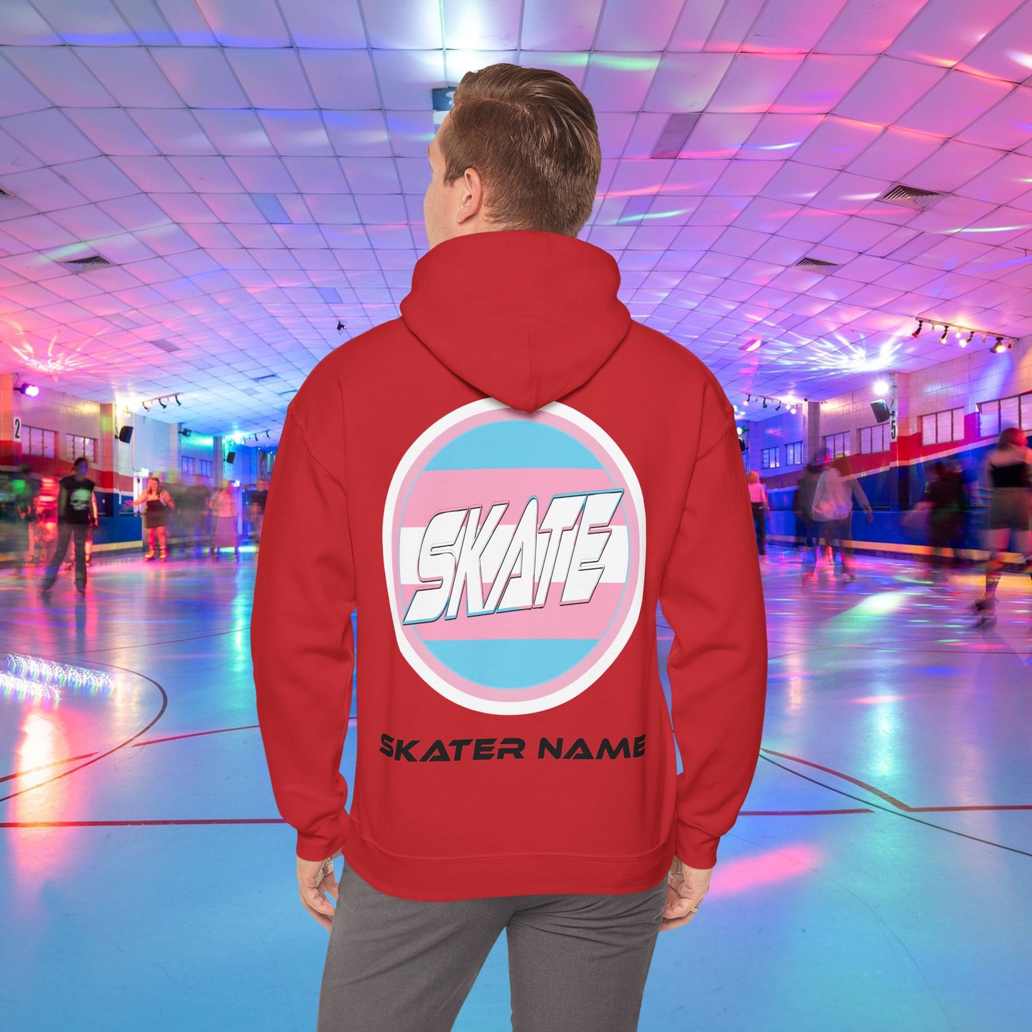 Add Custom Name - SKATE Trans Flag round logo Hoodie - Australian Shipping