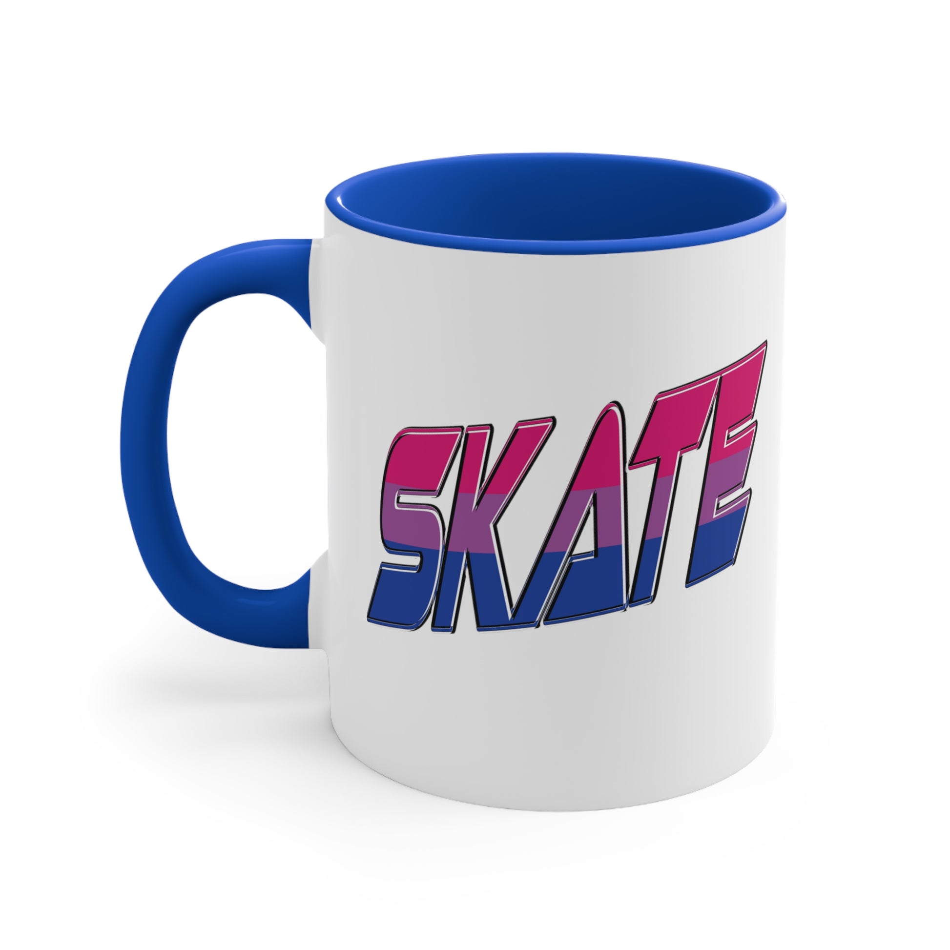 The Printify SKATE bisexual pride flag accent mug features a white base with a blue handle and vibrant interior. It proudly displays the word "SKATE" in bold, stylized gradient lettering, transitioning from pink at the top to blue at the bottom, creating an eye-catching contrast that evokes a sense of movement and energy.