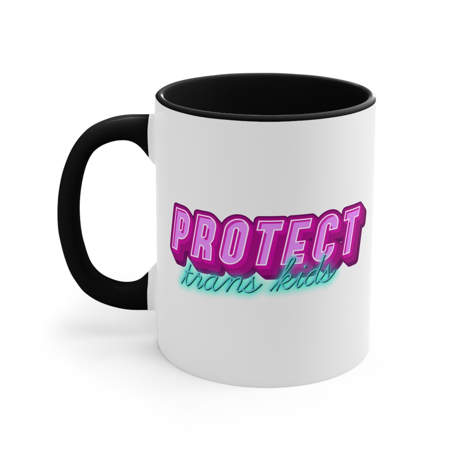 The Protect Trans Kids colourful accent mug by Printify is a white ceramic mug with a black handle and inner rim. It features a vibrant design that says "PROTECT trans kids" in bold, gradient lettering. The word "PROTECT" is in pink and purple, while "trans kids" is in teal, showcasing transgender pride.