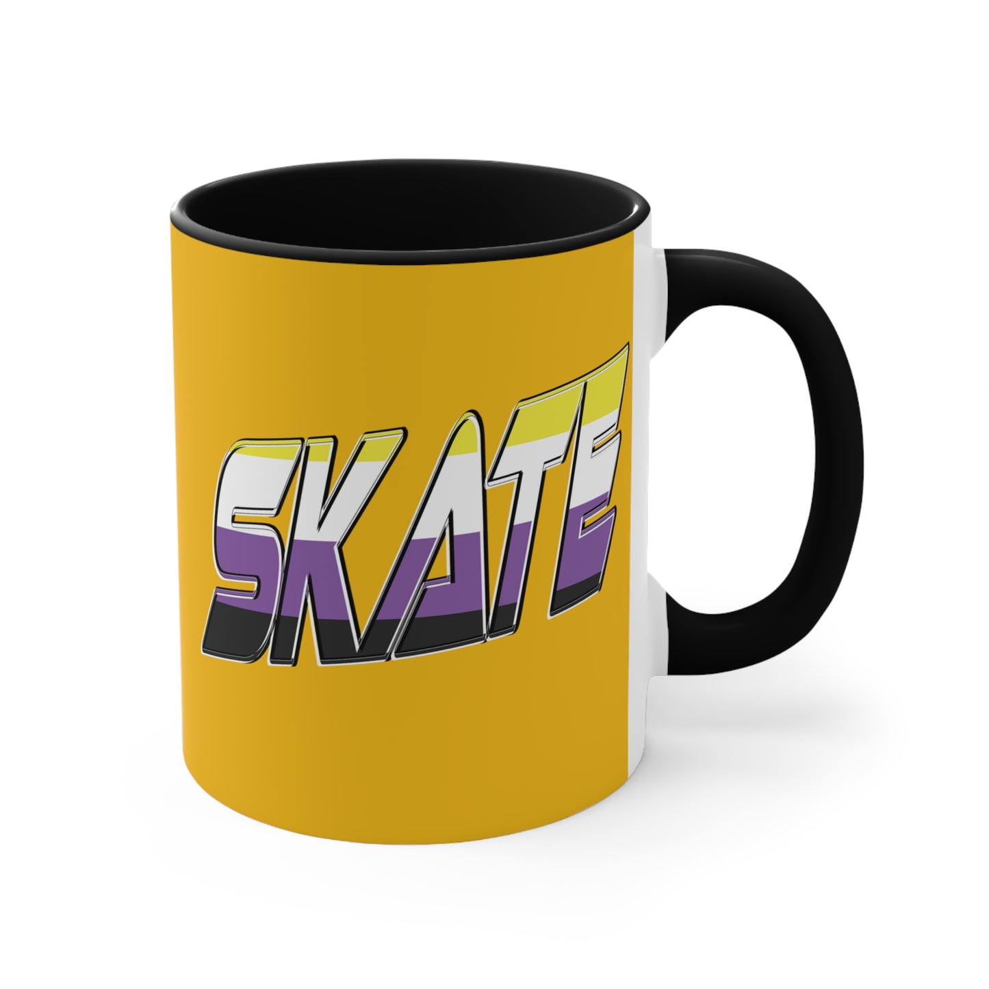 The SKATE non-binary pride flag accent mug by Printify is a yellow mug with a black handle and interior. It features the word "SKATE" in large, bold letters with a gradient effect transitioning from purple to white and has a retro, 3D style with a black shadow effect. To preserve its vibrant colors, it is recommended to hand wash only.