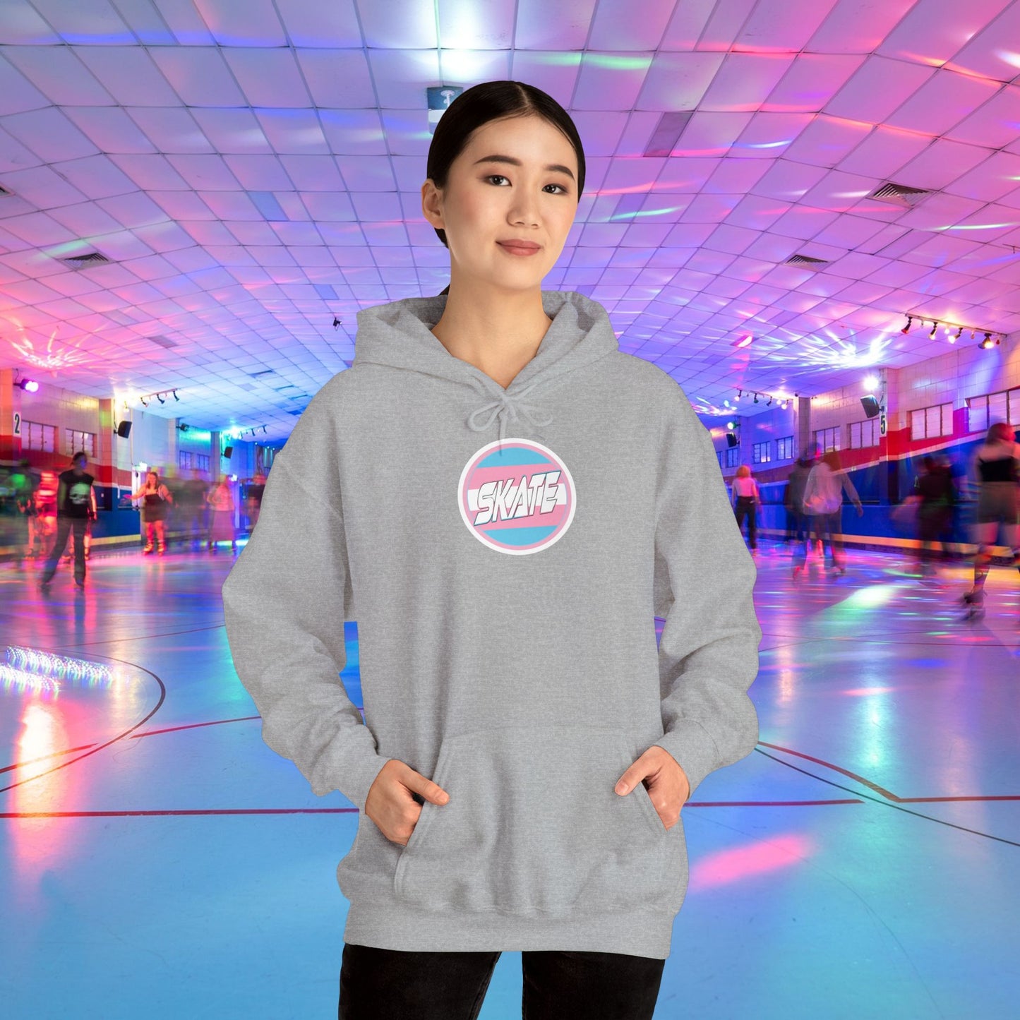 Add Custom Name - SKATE Trans Flag round logo Hoodie - Australian Shipping