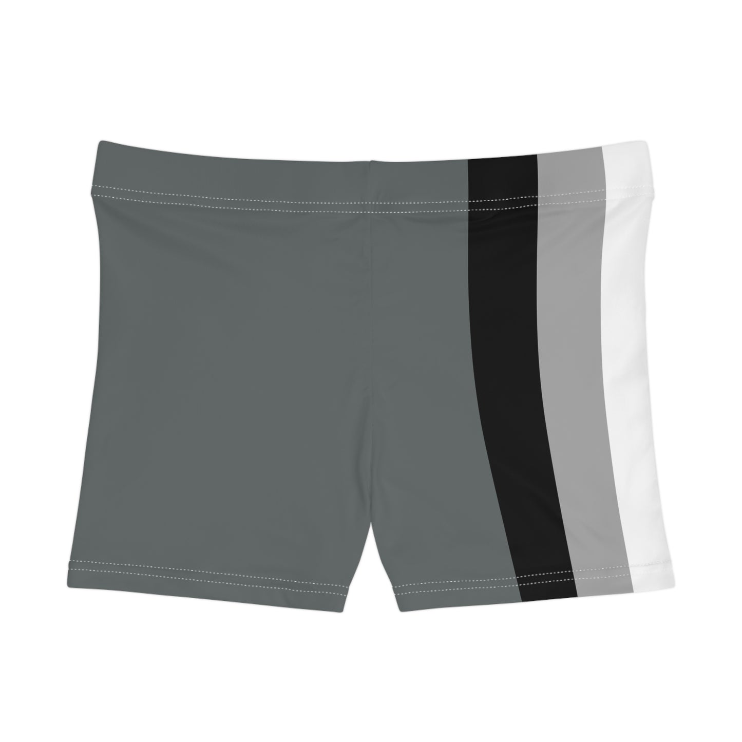 A person is shown from the side wearing Gay Skate's Aromantic Pride Flag Short Shorts, featuring vertical stripes in black, grey, white, green, and dark green. The unisex activewear shorts fit snugly. A great look for festivals, clubbing, roller derby or the gym.