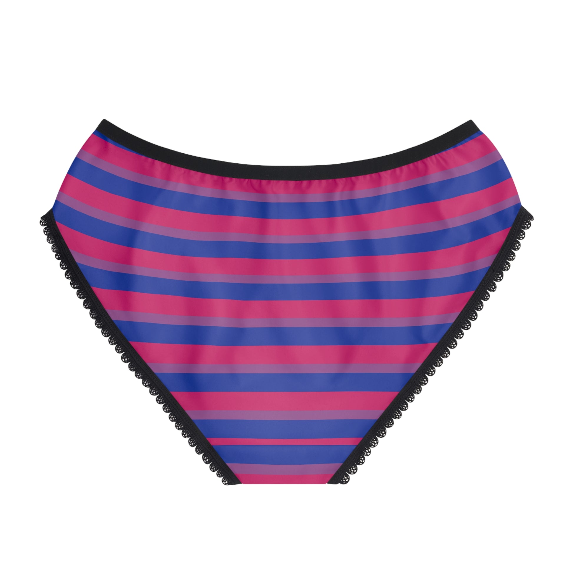 Introducing the BIG BI ENERGY bisexual pride flag briefs by Printify, an original design featuring ultra-comfortable construction. These briefs showcase a white front panel adorned with "BIG BI ENERGY" in bold purple and pink letters. The waistband and leg openings are styled in black with a scalloped edge, while the sides flaunt horizontal stripes in pink, purple, and blue.