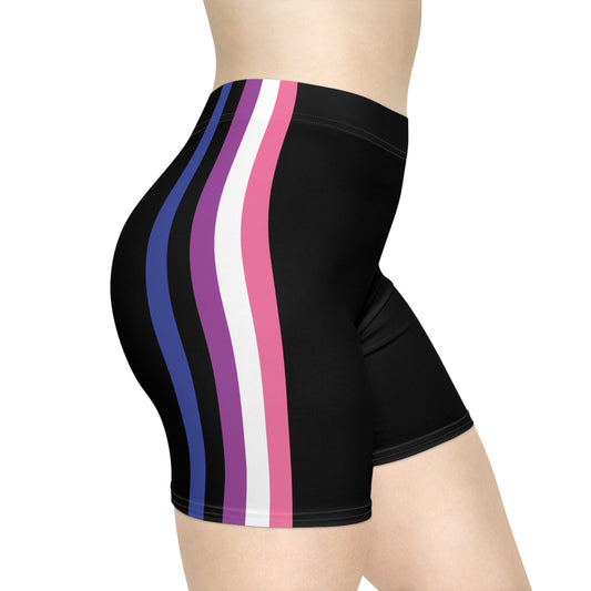 A person stands in a side-on view wearing Genderfluid Pride Flag Bike Shorts, black athletic shorts made of moisture-wicking polyester, featuring side stripes in blue, purple, pink, white, and dark gray.