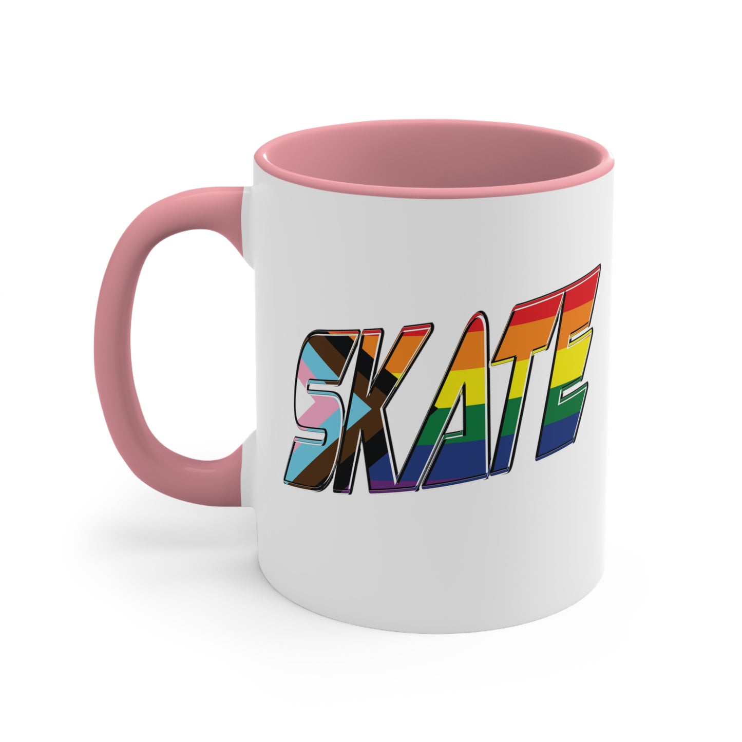 The SKATE progress pride flag accent mug by Printify features a white coffee mug with a red handle and a colorful interior. The front boldly displays the word "SKATE" in rainbow colors, including shades of blue, pink, white, and brown.