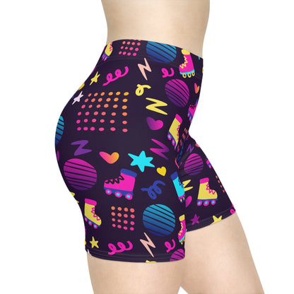 Cute sexy Retro Roller Skate Bike Shorts by GAY SKATE, showcasing a colorful rainbow pattern of roller skates, stars, hearts, and abstract shapes. The background of deep purple is highlighted with vibrant neon pink, yellow, and blue elements that exude a classic 80s vibe.