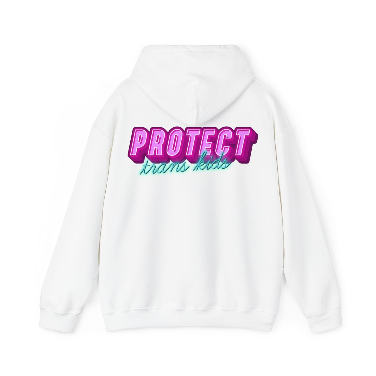 The Protect Trans Kids Hoodie, available for Australian shipping, is a unisex hoodie made from ethically grown cotton. It features bold pink and teal text on the back that reads "Protect trans kids," combining comfort and style with a powerful statement.