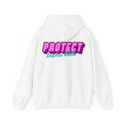 The Protect Trans Kids Hoodie, available for Australian shipping, is a unisex hoodie made from ethically grown cotton. It features bold pink and teal text on the back that reads "Protect trans kids," combining comfort and style with a powerful statement.