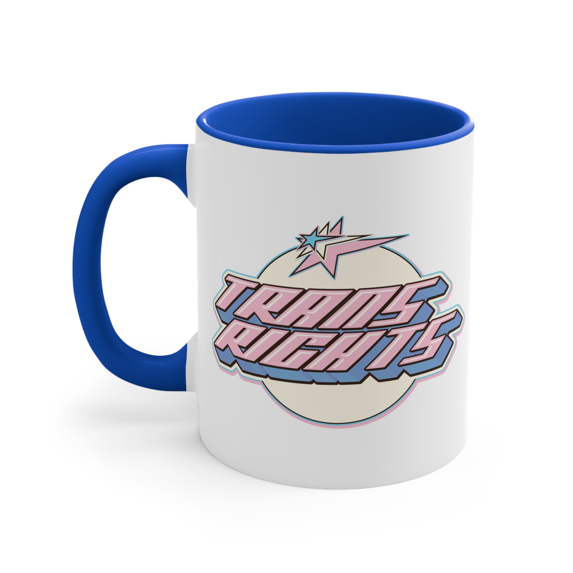 The Trans Rights colorful accent mug by Printify showcases a white coffee mug with a pink handle and vibrant interior, featuring the bold, retro-style text "TRANS RIGHTS" against a circular, off-white background. Above the text is a stylized star with dynamic lines that reflect the colors of the transgender pride flag, creating an energetic sense of movement.