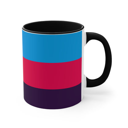 The Polyamory Pride Flag cup - colorful accent mug by Printify features a white coffee mug with a red handle and a vibrant interior. The exterior design showcases a colorful heart on a white background, accompanied by distinctive elements including a blue triangle, pink stripe, and purple stripe.