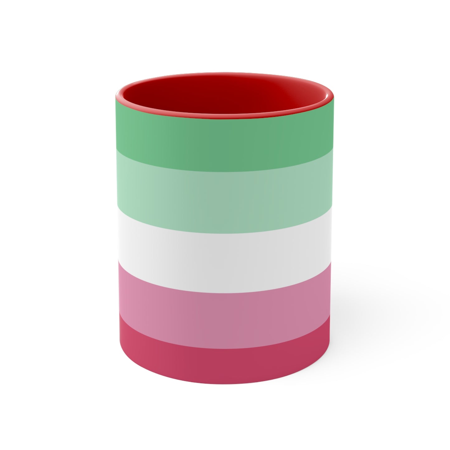 The Abro, Abroromantic, Abrosexual pride flag Accent Mug by Printify is a ceramic mug designed with horizontal stripes in green, light green, white, pink, and red to reflect the vibrant hues of the Abrosexual pride flag. It also features a pink handle and a colorful interior.