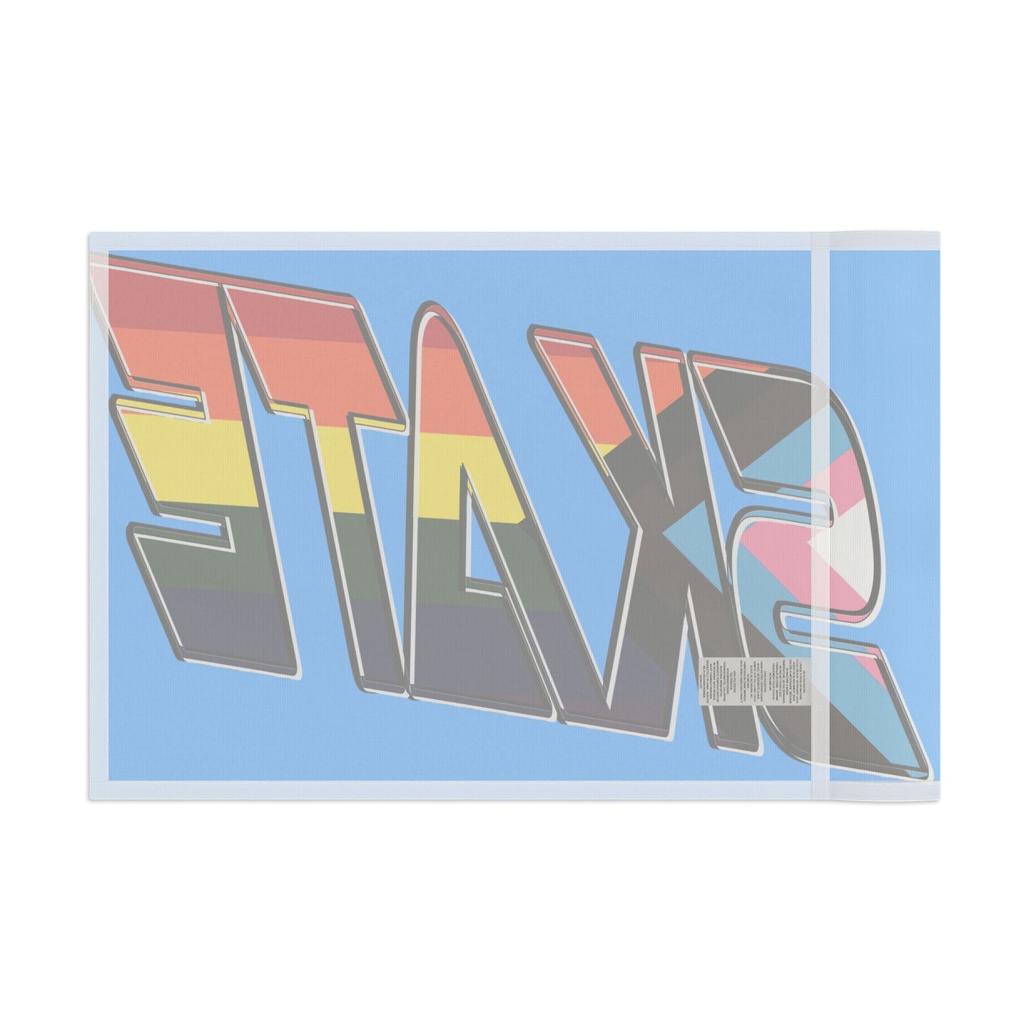 The "SKATE progress pride original logo flag - blue" by Printify features a light blue polyester organza material. The word "SKATE" is prominently displayed in large, bold letters, with each letter filled using segments of various LGBTQ+ pride flags, including the rainbow pride flag and the progress pride flag, celebrating queer skating pride.