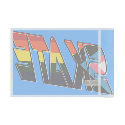 The "SKATE progress pride original logo flag - blue" by Printify features a light blue polyester organza material. The word "SKATE" is prominently displayed in large, bold letters, with each letter filled using segments of various LGBTQ+ pride flags, including the rainbow pride flag and the progress pride flag, celebrating queer skating pride.