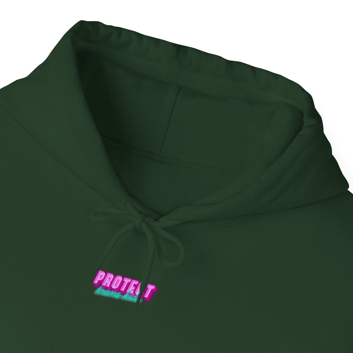 The Protect Trans Kids Hoodie, available for Australian shipping, is a dark green unisex sweatshirt made from ethically grown cotton. It features a drawstring hood and a small front embroidery that reads "PROTECT trans kids" in pink and white text.