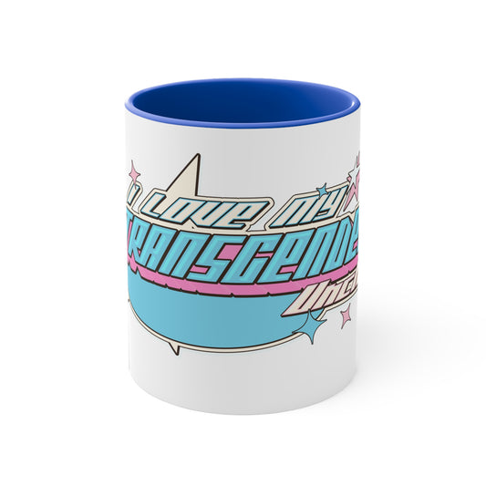 The "I Love My Transgender Uncle" original design accent mug by Printify is a white ceramic mug with a blue interior, showcasing an eye-catching design in cyan, pink, and white retro-style text that reads "Love My Transgender Uncle." It features star-shaped accents and a background with complementary colors.