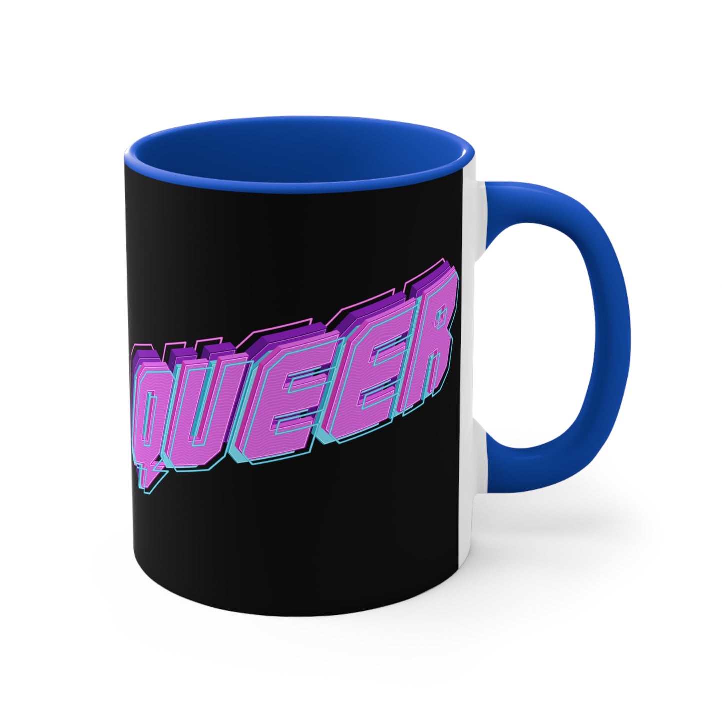 Introducing the "QUEER vibrant neon text - colourful accent mug" by Printify: a striking black mug with "QUEER" boldly displayed in vibrant neon purple and blue 3D letters, set against the dark background. The captivating design features partially visible text on the left side due to the angle of the image.