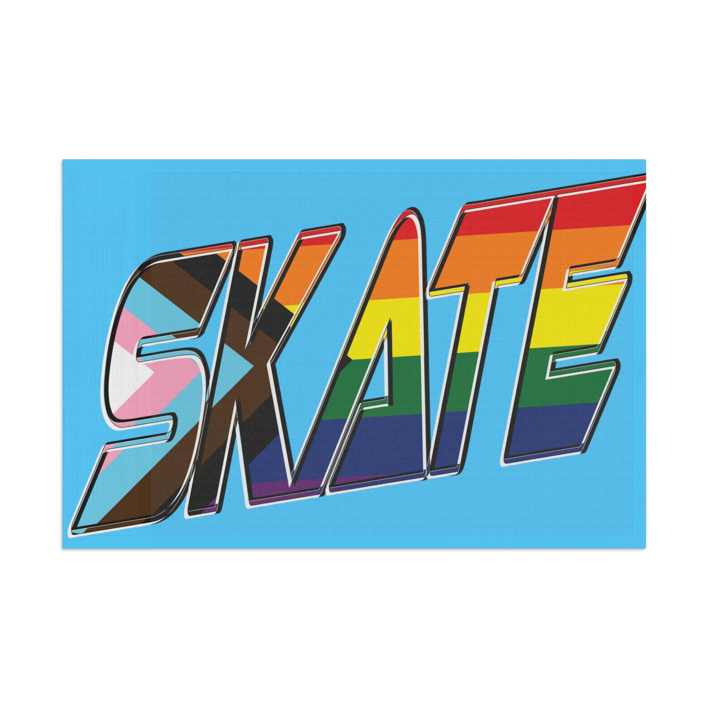 The "SKATE progress pride original logo flag - blue" by Printify features a light blue polyester organza material. The word "SKATE" is prominently displayed in large, bold letters, with each letter filled using segments of various LGBTQ+ pride flags, including the rainbow pride flag and the progress pride flag, celebrating queer skating pride.