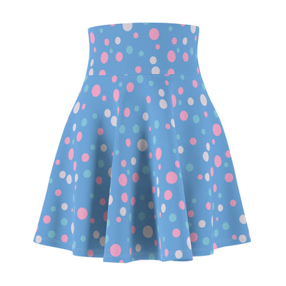 Add a stylish and supportive touch to your wardrobe with the Subtle Trans Pride Flag Polka Dot Skater Skirt. This vibrant piece showcases a playful design with pink, white, and blue polka dots on a blue backdrop. The fitted waist and A-line silhouette offer a flattering look while supporting a queer-owned business. Transgender pride flag skirt