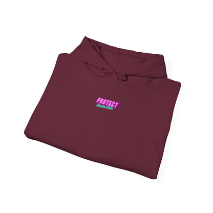 The Protect Trans Kids Hoodie, available in maroon for unisex, features "PROTECT" in pink and grayscale block text on the front. Crafted from ethically grown cotton, it includes a visible drawstring and is neatly folded on a white background.