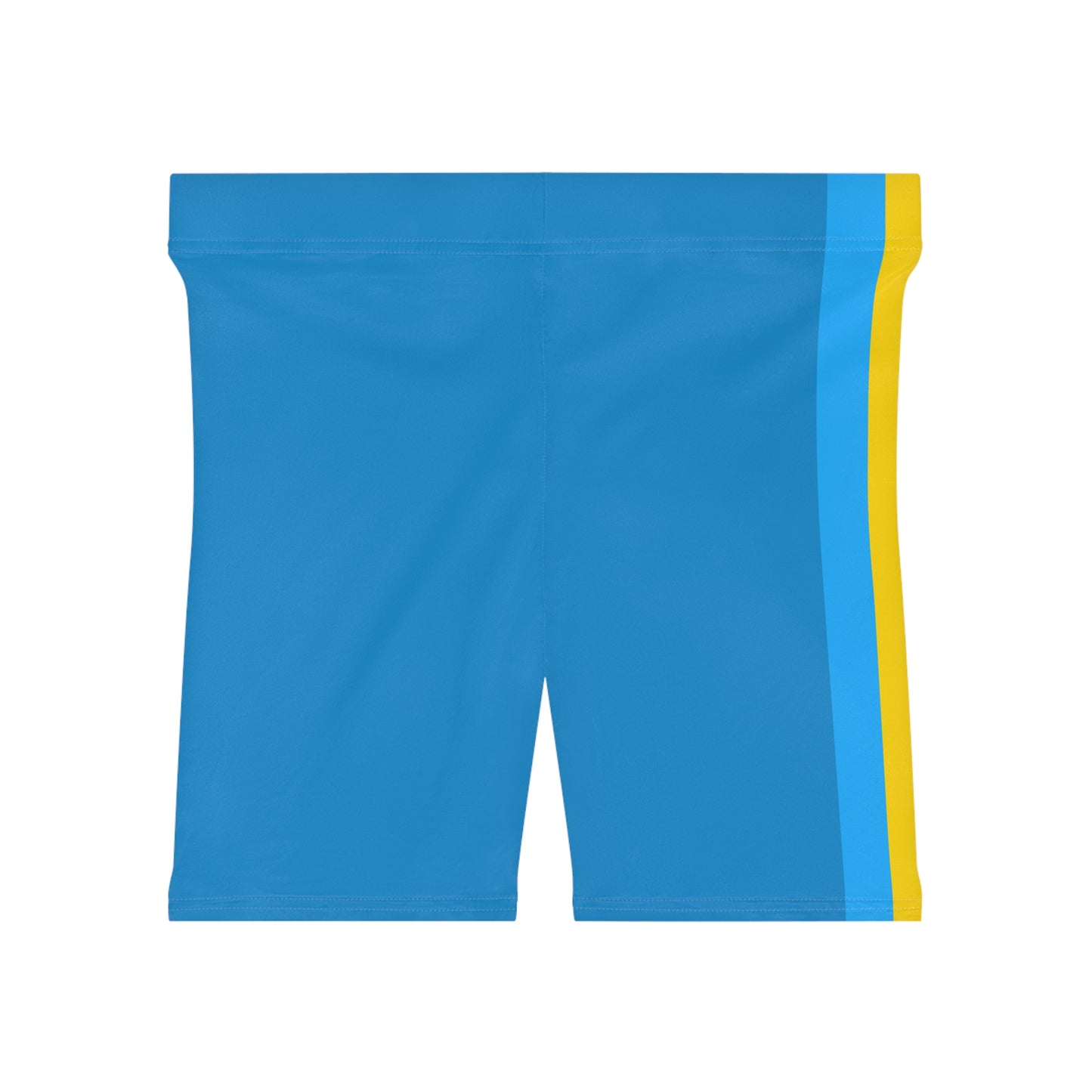 A person is shown from the side, wearing bright blue Pansexual Pride Flag Bike Shorts, which feature three vertical stripes in blue, yellow, and pink on the side - the pan pride flag. The high-waisted, moisture-wicking active wear showcases a light skin tone against a plain white background.