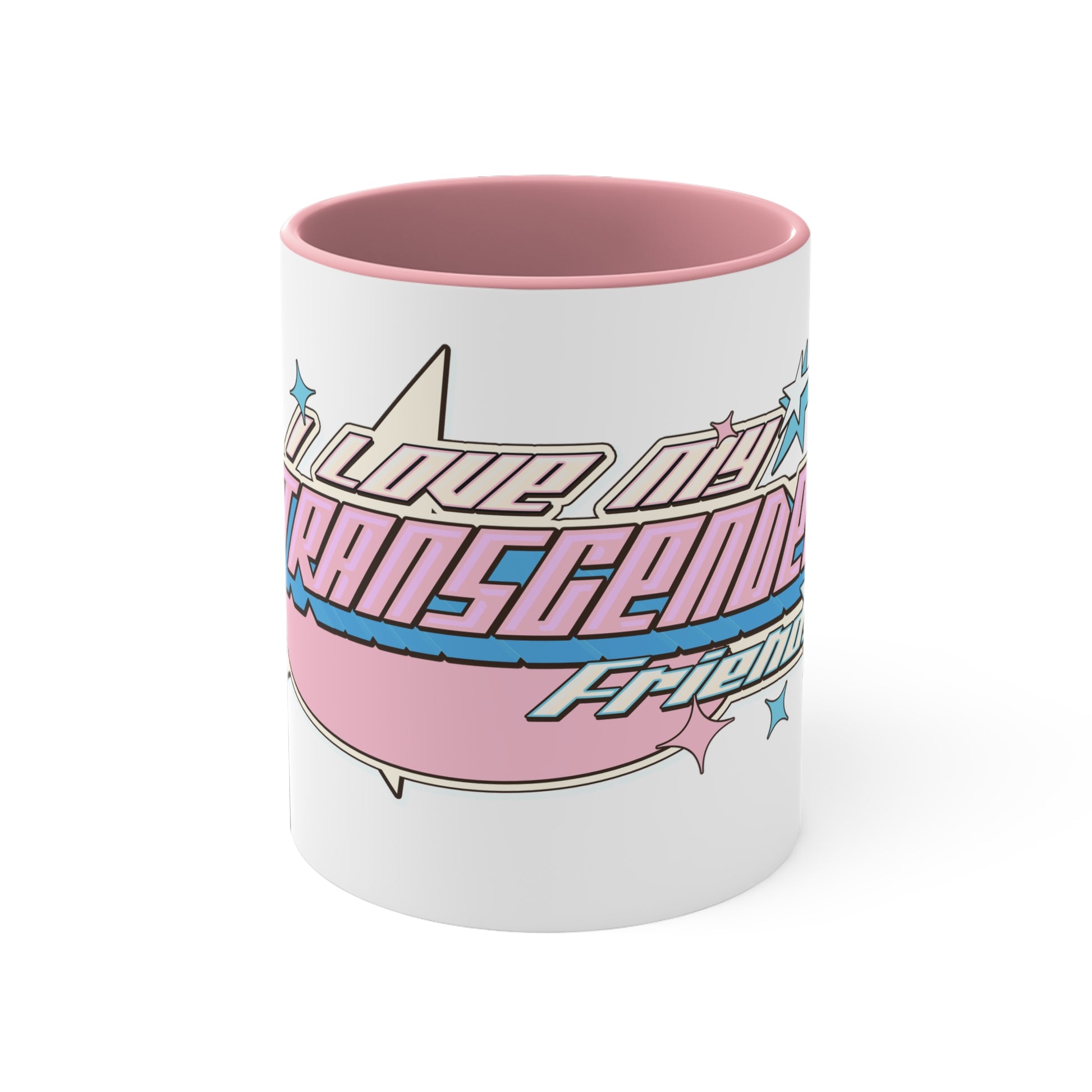 The "I Love My Transgender Friends original design accent mug" by Printify is a white ceramic mug with a black interior, showcasing an eye-catching exterior. Adorned with playful text in pastel pink, blue, and cream that reads "I love my transgender friends," the design is accented by small stars.