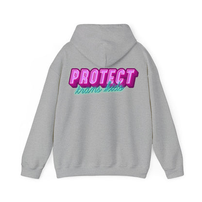 The Protect Trans Kids Hoodie, available for Australian shipping, is a gray unisex piece made from ethically grown cotton and features "PROTECT trans kids" in bold pink and blue letters on the back. It is displayed against a plain white background.