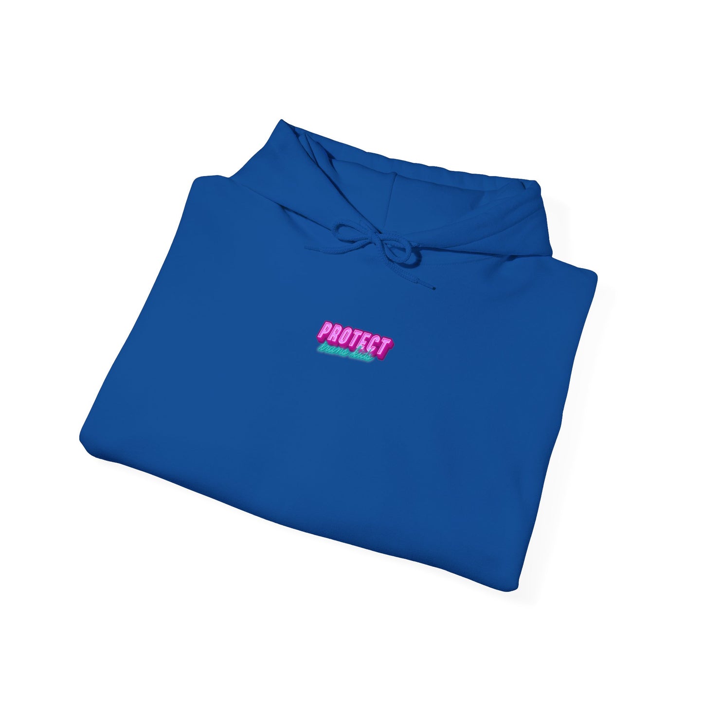 The "Protect Trans Kids Hoodie - Australian Shipping" is a unisex heavy blend sweatshirt crafted from ethically grown cotton. It features "PROTECT" in bold pink letters above smaller white text and is shown in blue, neatly folded to display its hood and drawstrings against a plain white background.